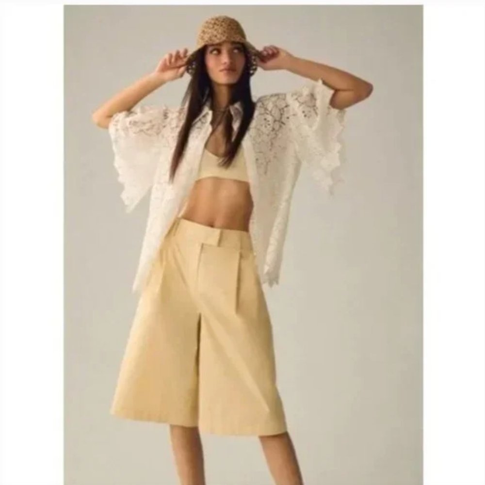 NWT Anthropologie | Exquise | Beige Cropped Pleated Wide Leg Trousers Pant, XS